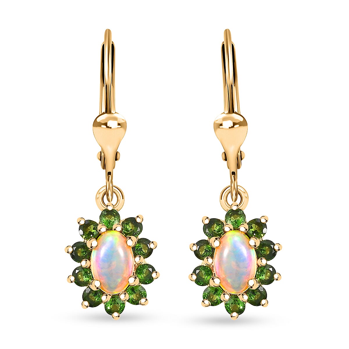 Premium Ethiopian Welo Opal, Chrome Diopside Sunburst Lever Back Earrings in 18K Vermeil YG Over Sterling Silver 1.40 ctw