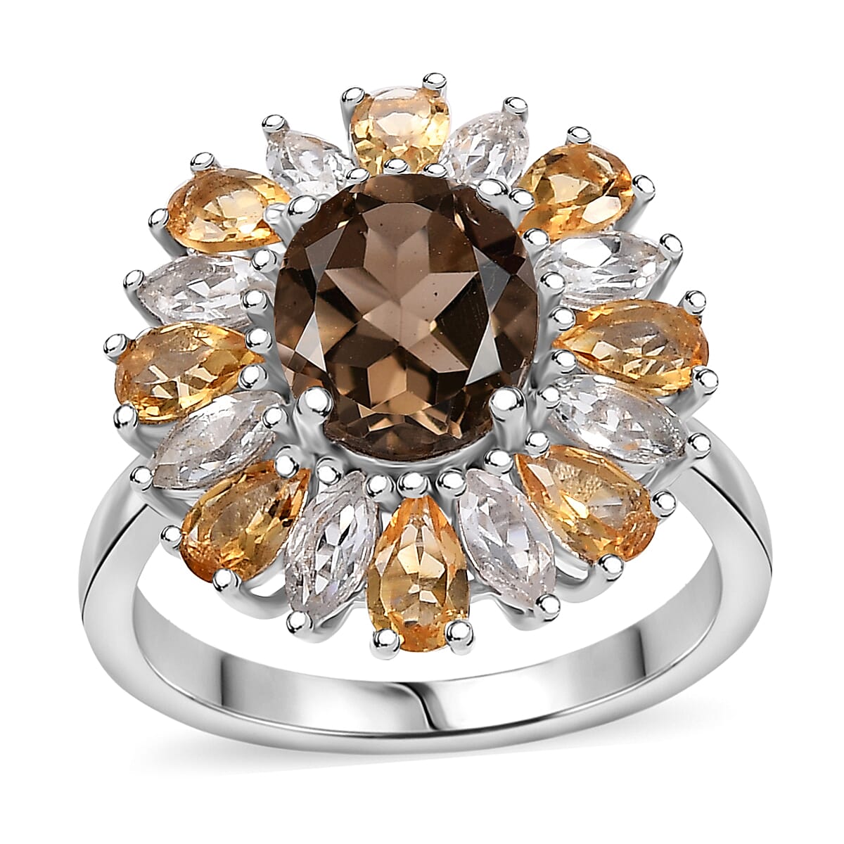 Brazilian Smoky Quartz, Multi Gemstone Floral Ring in Rhodium Over Sterling Silver (Size 7.0) 5.65 ctw