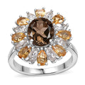 Brazilian Smoky Quartz, Multi Gemstone Floral Ring in Rhodium Over Sterling Silver (Size 7.0) 5.65 ctw - Sticky add to cart bar