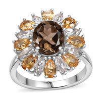 Brazilian Smoky Quartz, Multi Gemstone Floral Ring in Rhodium Over Sterling Silver (Size 7.0) 5.65 ctw