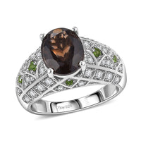 Premium Brazilian Smoky Quartz, Multi Gemstone Ring in Rhodium Over Sterling Silver (Size 7.0) 3.25 ctw