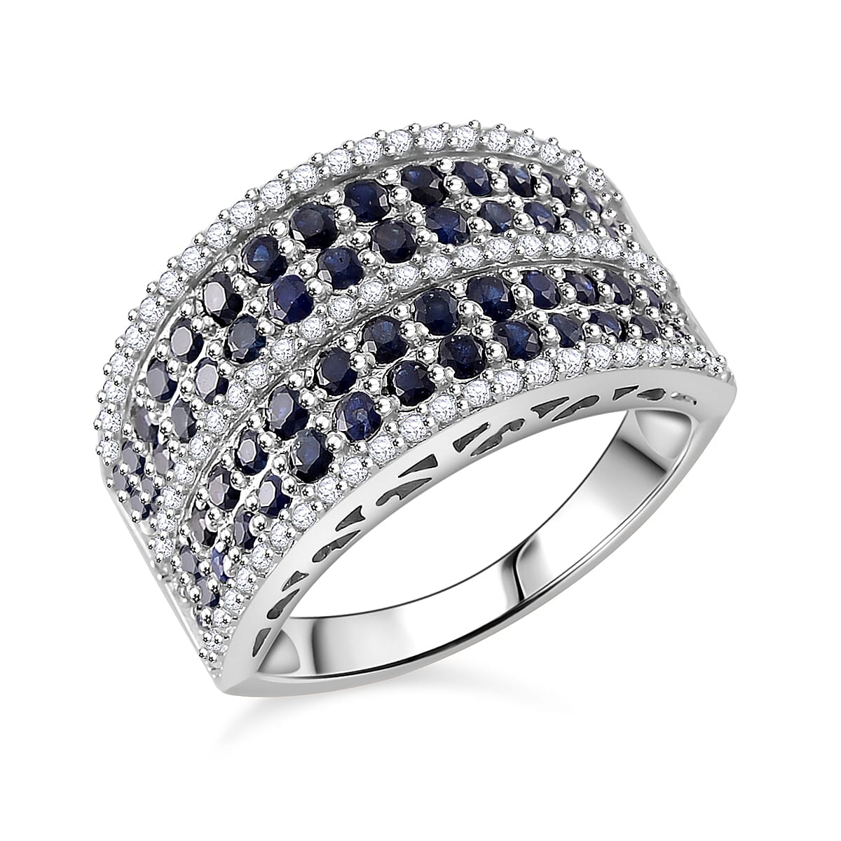 Madagascar Blue Sapphire and White Zircon 2.65 ctw Ring in Rhodium Over Sterling Silver (Size 10.0)