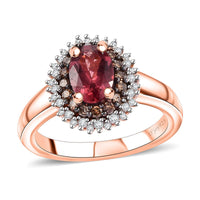 Premium Tanzanian Blush Garnet, Natural Champagne and White Diamond 1.20 ctw Sunflower Ring in 18K Vermeil Rose Gold Over Sterling Silver