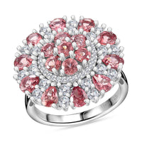 Premium Tanzanian Blush Garnet and Moissanite 4.10 ctw Rosette Bloom Ring in Rhodium Over Sterling Silver