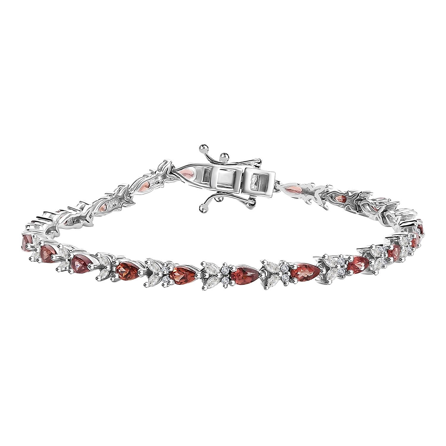 Premium Tanzanian Blush Garnet, Moissanite Butterfly Bracelet in Rhodium Over Sterling Silver (8.00 In) (Del. in 10-12 Days) 7.00 ctw