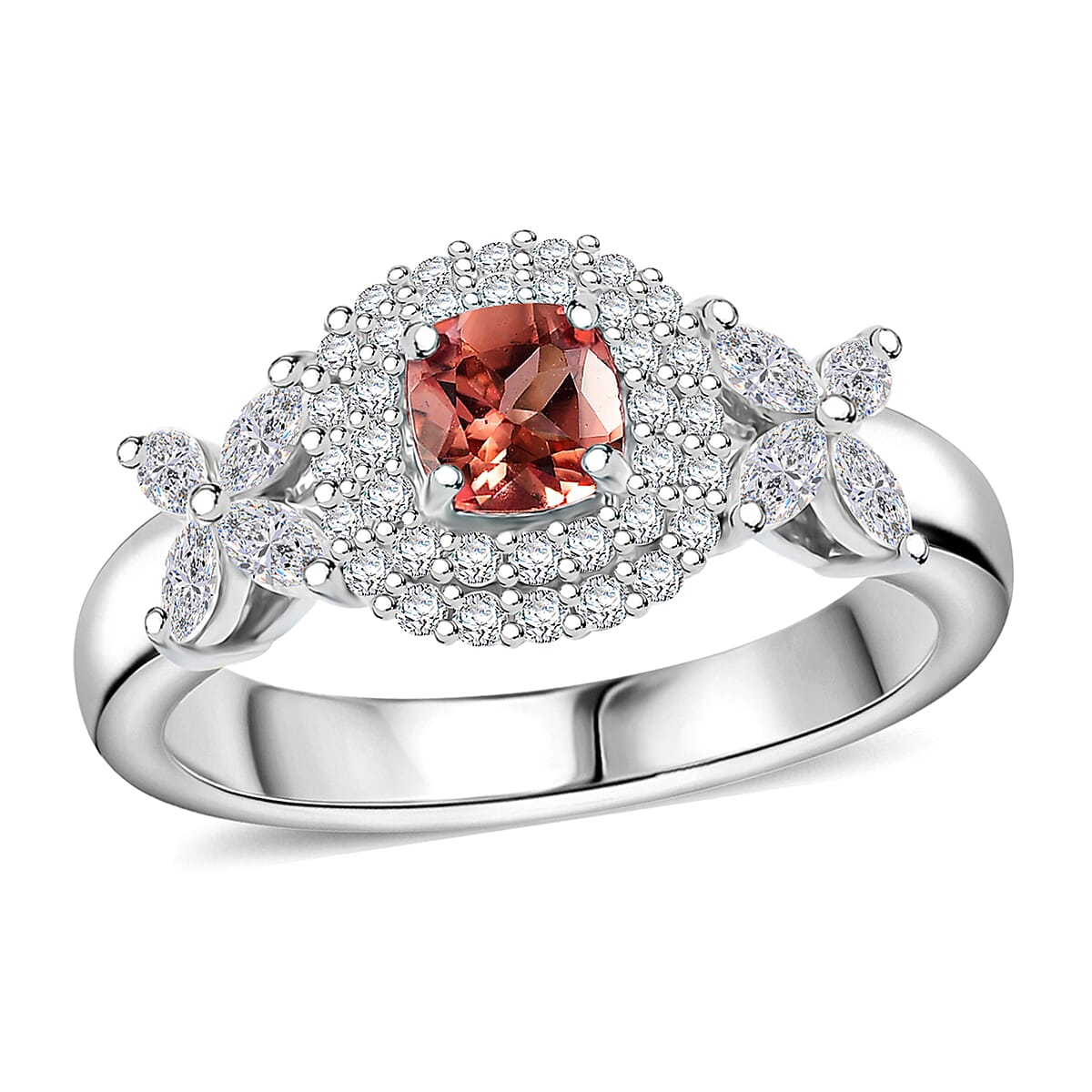 Premium Tanzanian Blush Garnet and Moissanite 0.90 ctw Blossom Halo Ring in Rhodium Over Sterling Silver