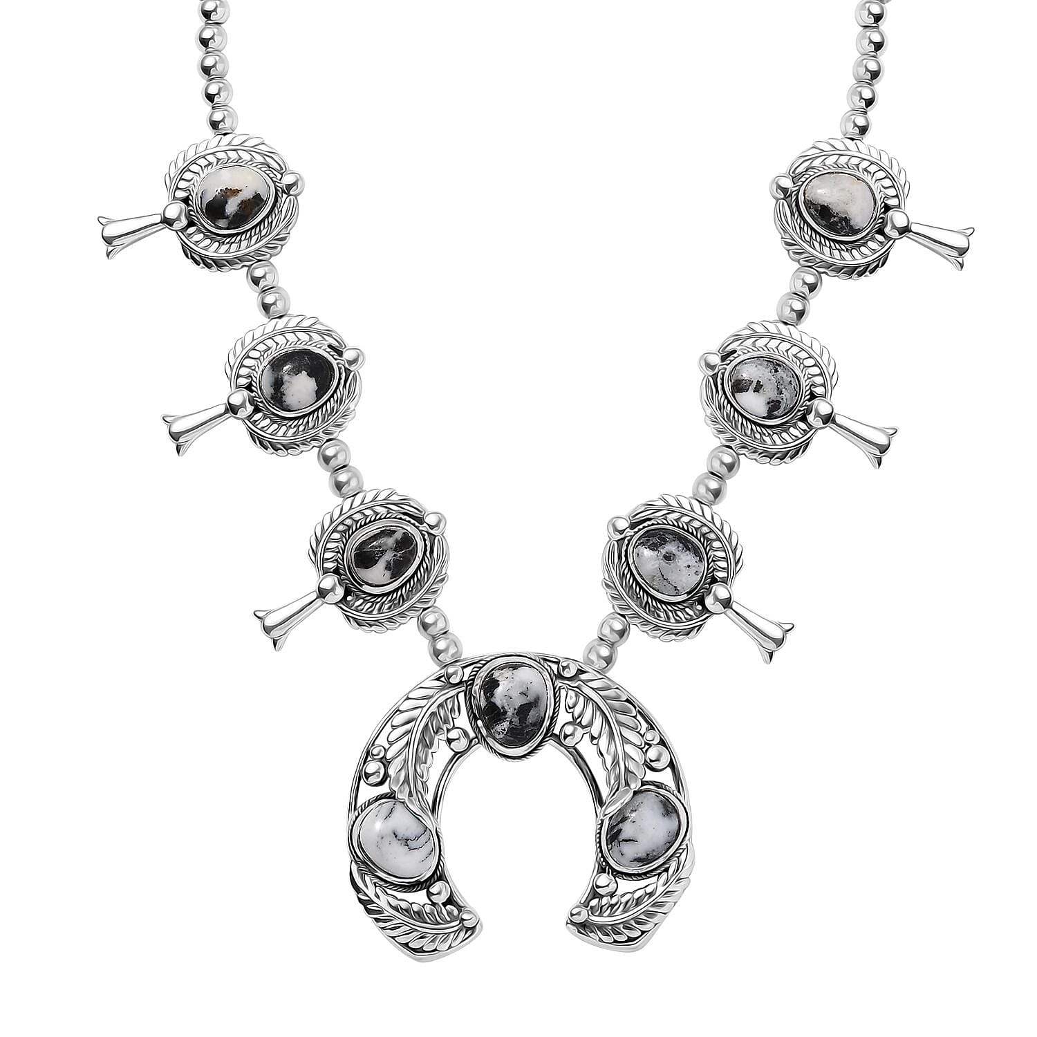 Doorbuster Artisan Crafted White Buffalo Squash Blossom Necklace (18 Inches) in Black Oxidized Sterling Silver 18.50 ctw