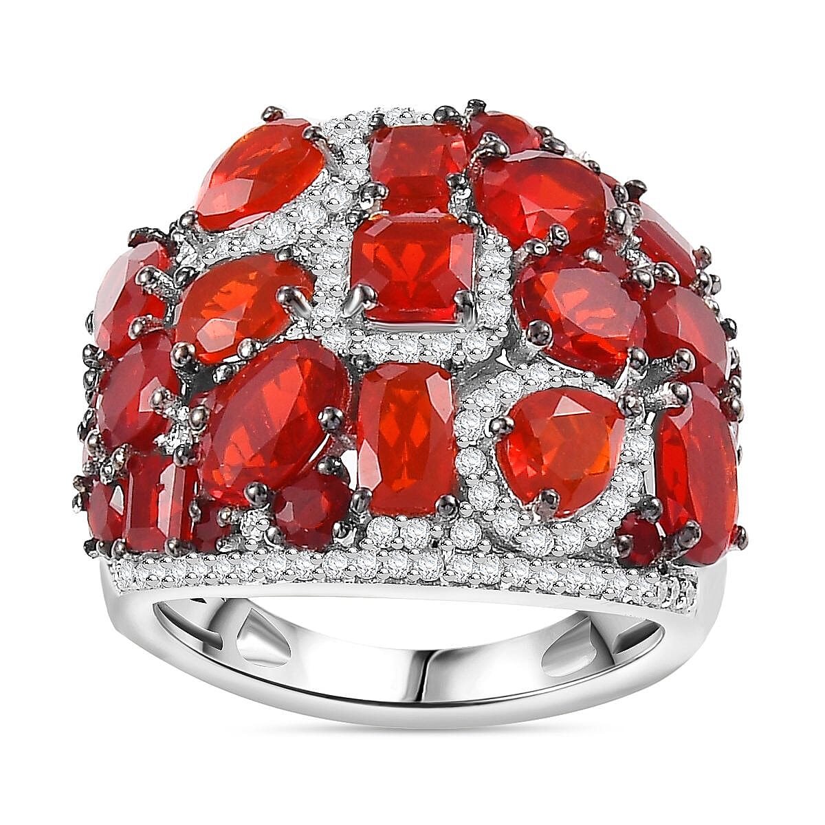 Mexican Cherry Fire Opal, Moissanite Art Deco Ring in Rhodium Over Sterling Silver (Size 10.0) 4.50 ctw