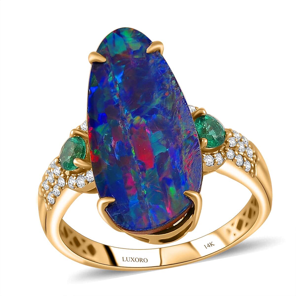 Luxoro 14K Yellow Gold AAA Boulder Opal Doublet, Boyaca Colombian Emerald, White Diamond (I2) (0.16 cts) Glacier Reflection Ring (Size 6.0) 4.90 ctw