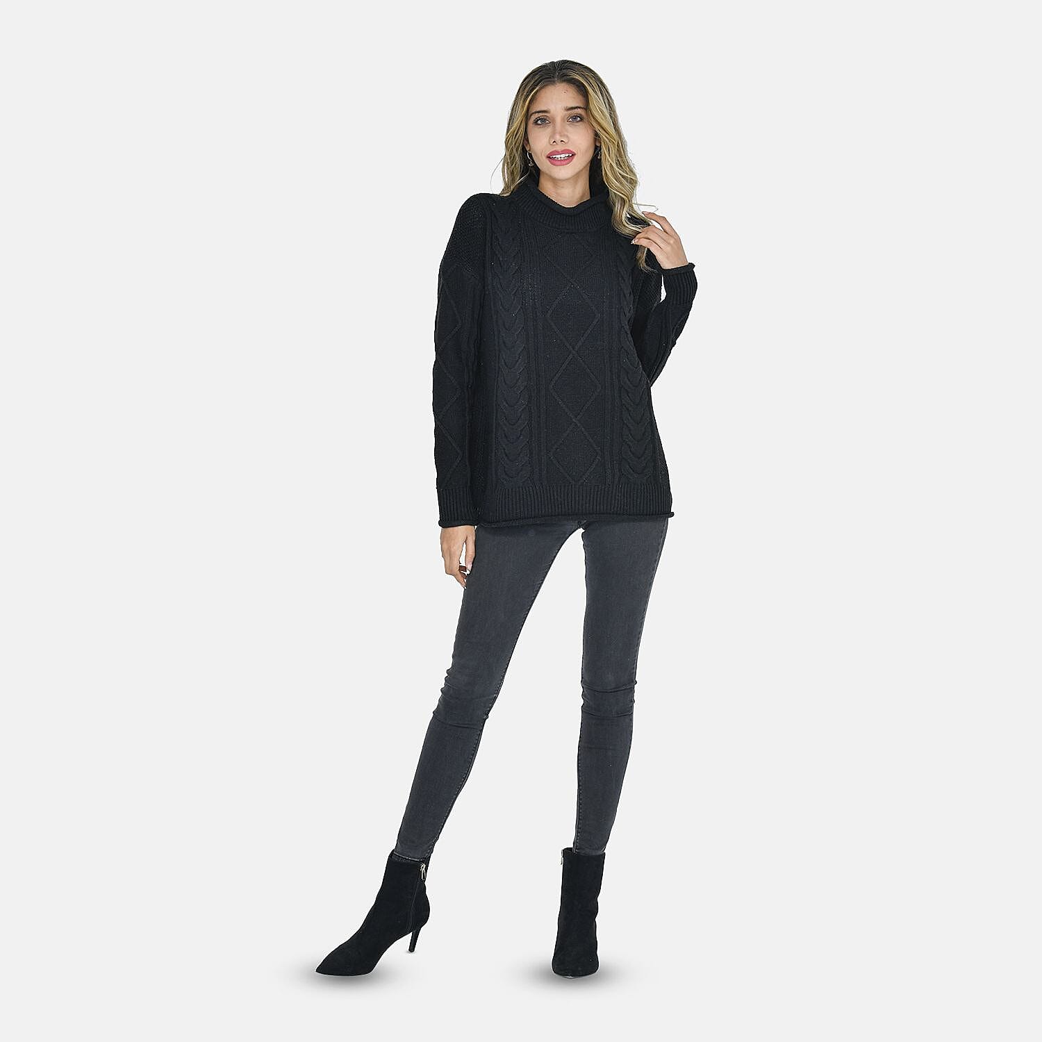 TAMSY Black Traditional Roll Neck Fisherman Sweater - L