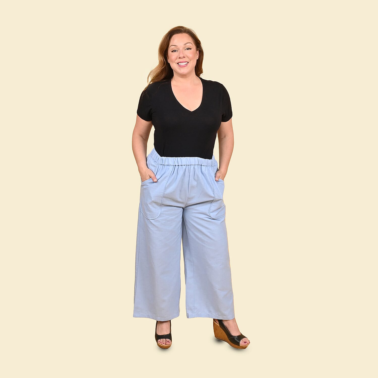 TAMSY Indigo 100% Cotton Chambray Wide Leg Palazzo -L
