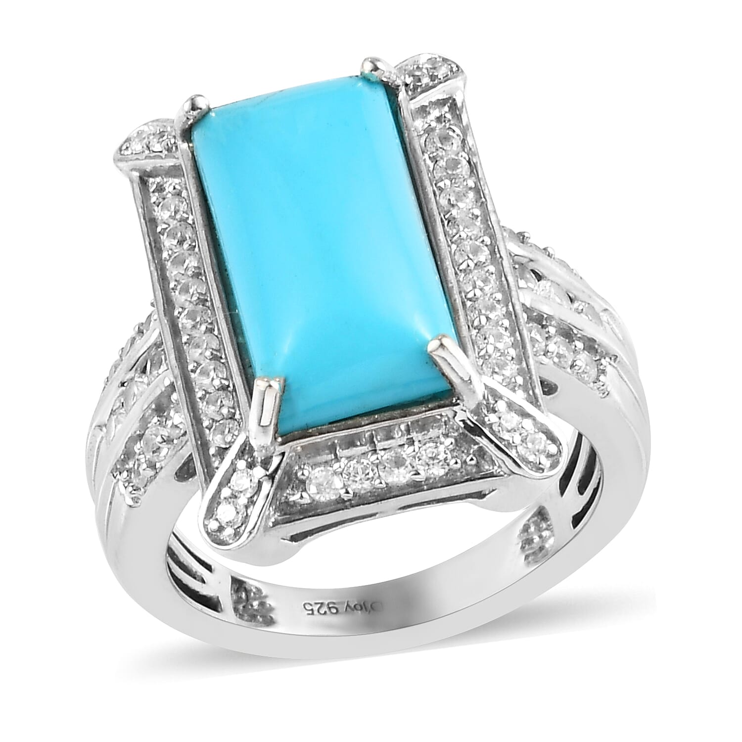 Natural Arizona Sleeping Beauty Turquoise and Natural White Zircon Elongated Ring in Platinum Over Sterling Silver 4.00 ctw