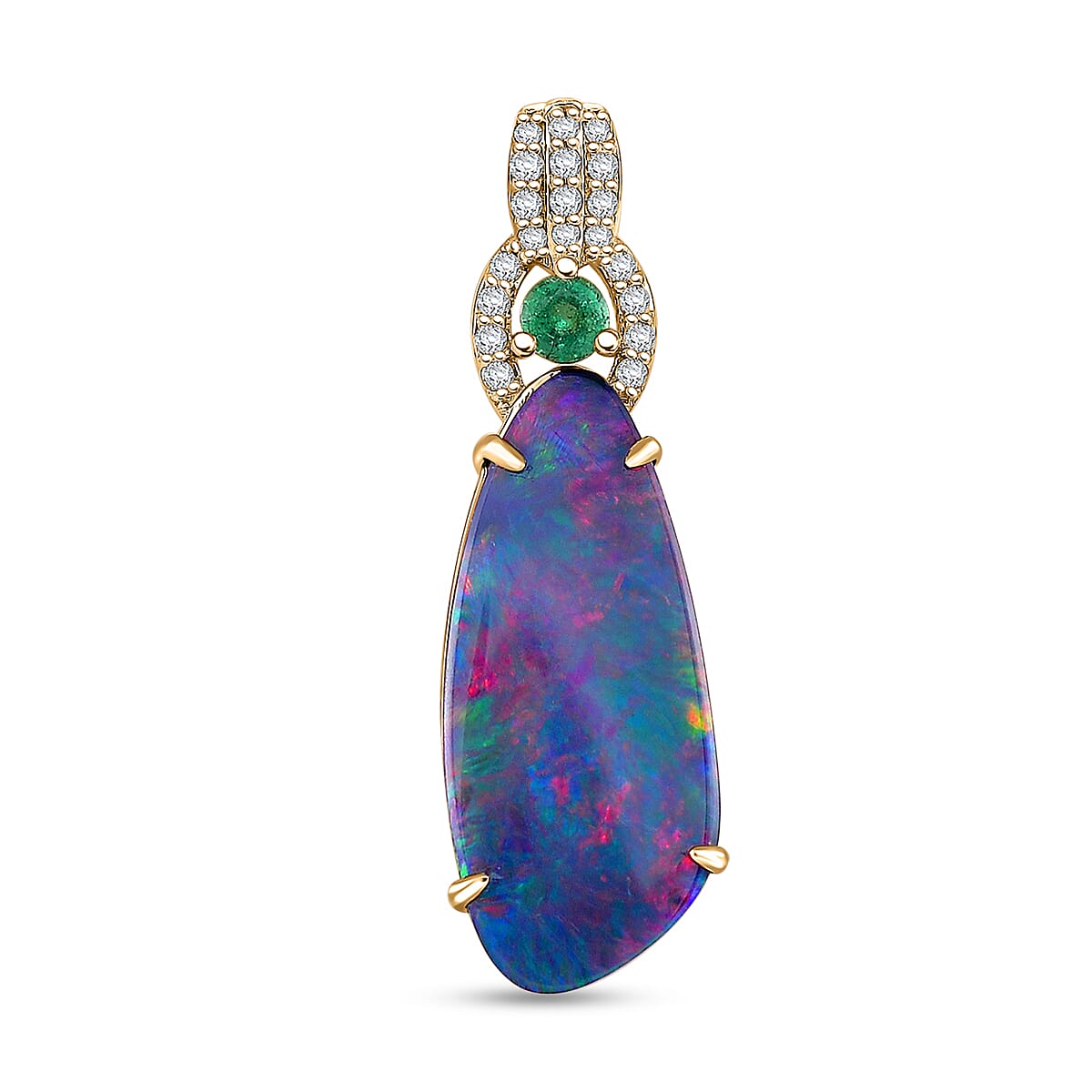 Luxoro AAA Boulder Opal Doublet and Boyaca Colombian Emerald, White Diamond I2 4.70 ctw Glacier Reflection Pendant without Chain in 14K Yellow Gold