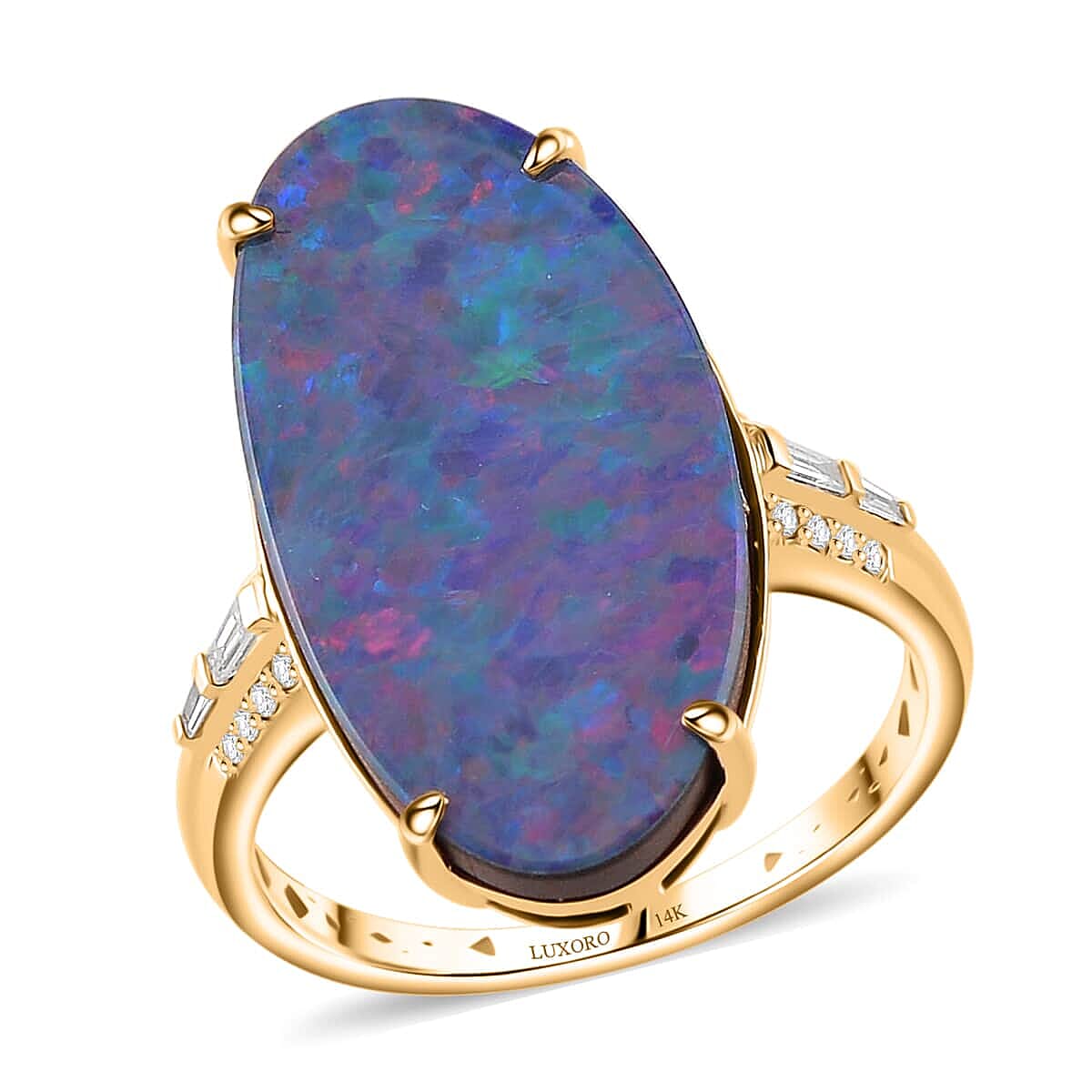Luxoro AAA Boulder Opal Doublet and I2 Diamond 7.50 ctw Ring in 14K Yellow Gold