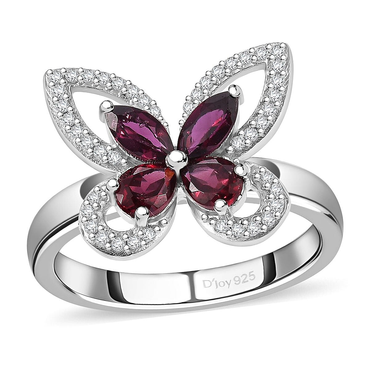Anthill Garnet, White Zircon Butterfly Ring in Rhodium Over Sterling Silver (Size 6.0) 1.00 ctw