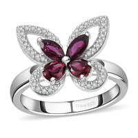 Anthill Garnet, White Zircon Butterfly Ring in Rhodium Over Sterling Silver (Size 6.0) 1.00 ctw