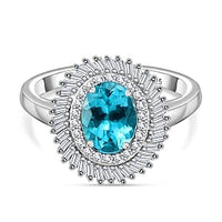 Lagoon Apatite and White Diamond 1.74 ctw Ring in Rhodium Over Sterling Silver (Size 10.0)