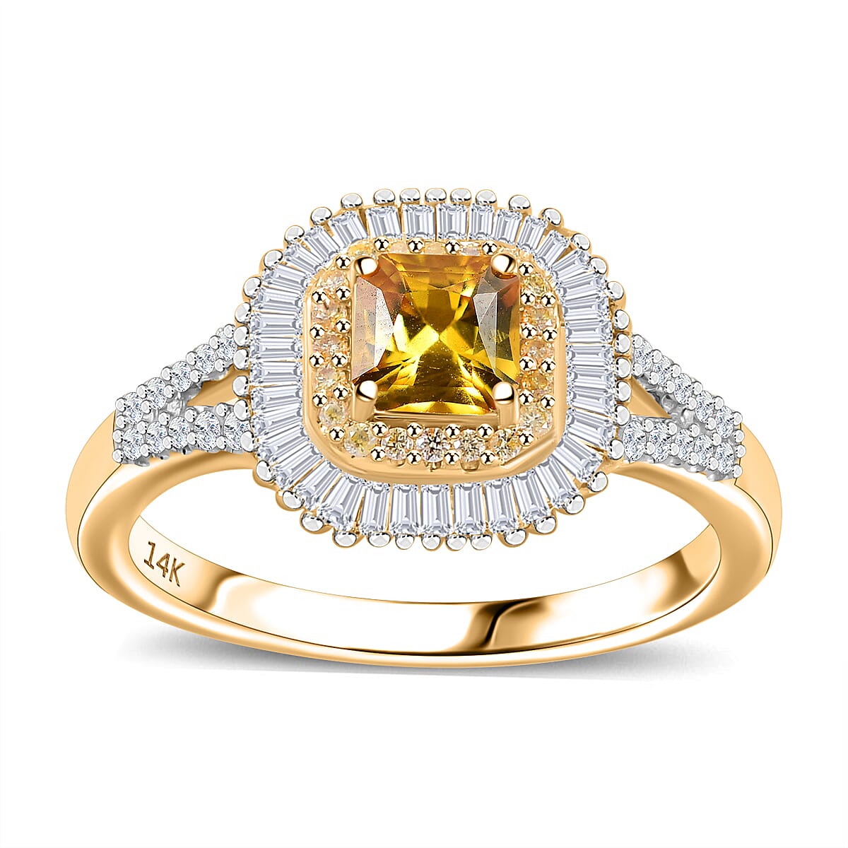 Doorbuster Certified & Appraised Luxoro 14K Yellow Gold AAA Songea Sapphire, White and Yellow Diamond (I2) (0.62 cts) Double Halo Ring (Size 7.0) (Del. in 7-10 Days) 1.45 ctw