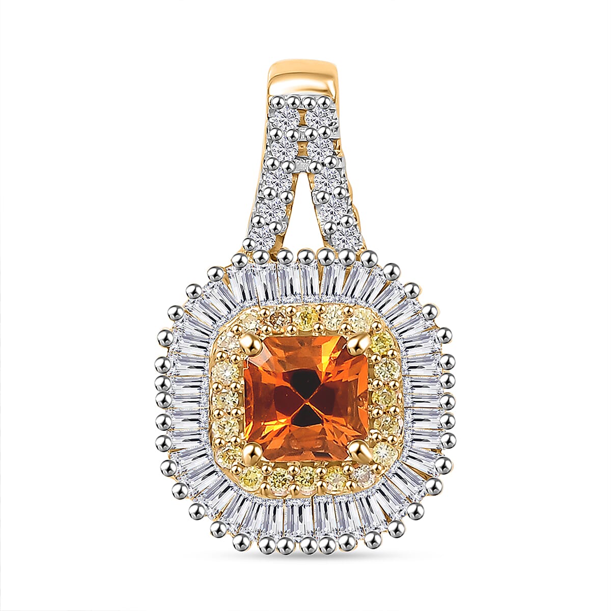 Certified & Appraised Luxoro AAA Songea Sapphire, I2 White and Yellow Diamond 1.31 ctw Double Halo Pendant without Chain in 14K Yellow Gold