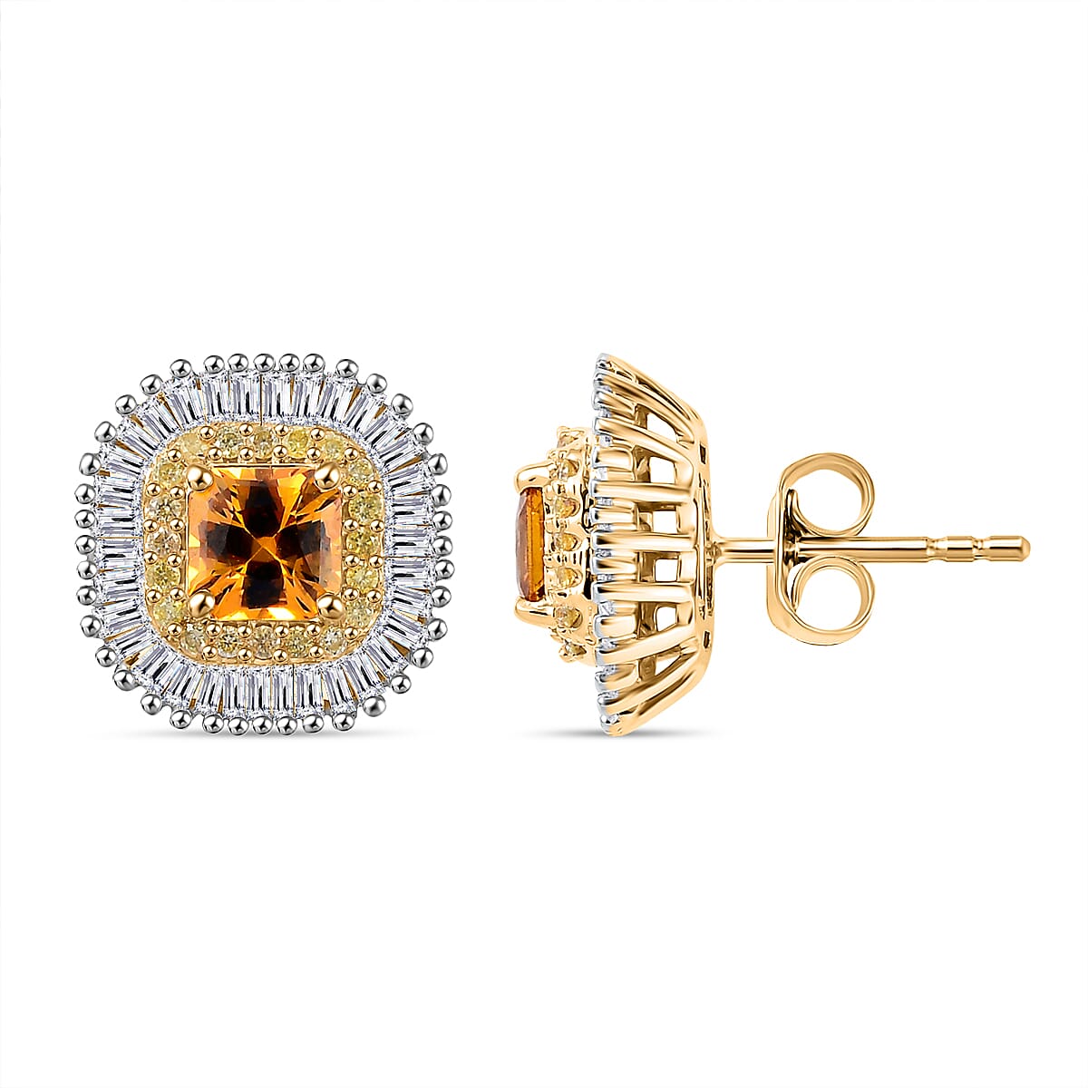 Certified & Appraised Luxoro AAA Songea Sapphire, I2 White and Yellow Diamond 2.45 ctw Double Halo Stud Earrings in 14K Yellow Gold