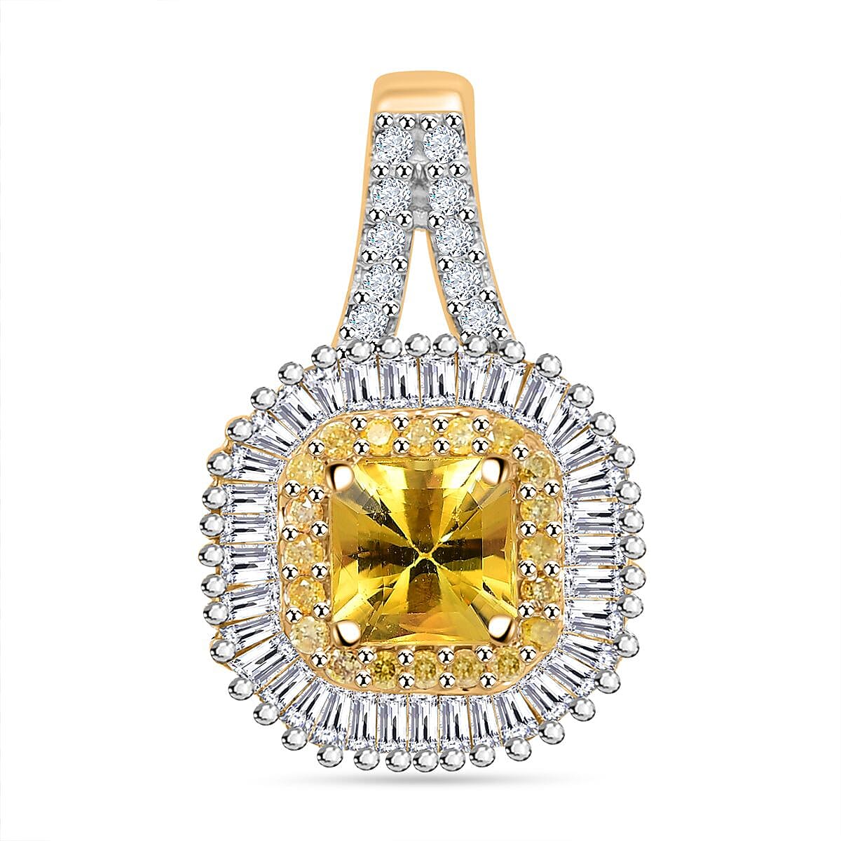 Luxoro AAA Madagascar Yellow Sapphire, I2 White and Yellow Diamond 1.45 ctw Double Halo Pendant without Chain in 14K Yellow Gold