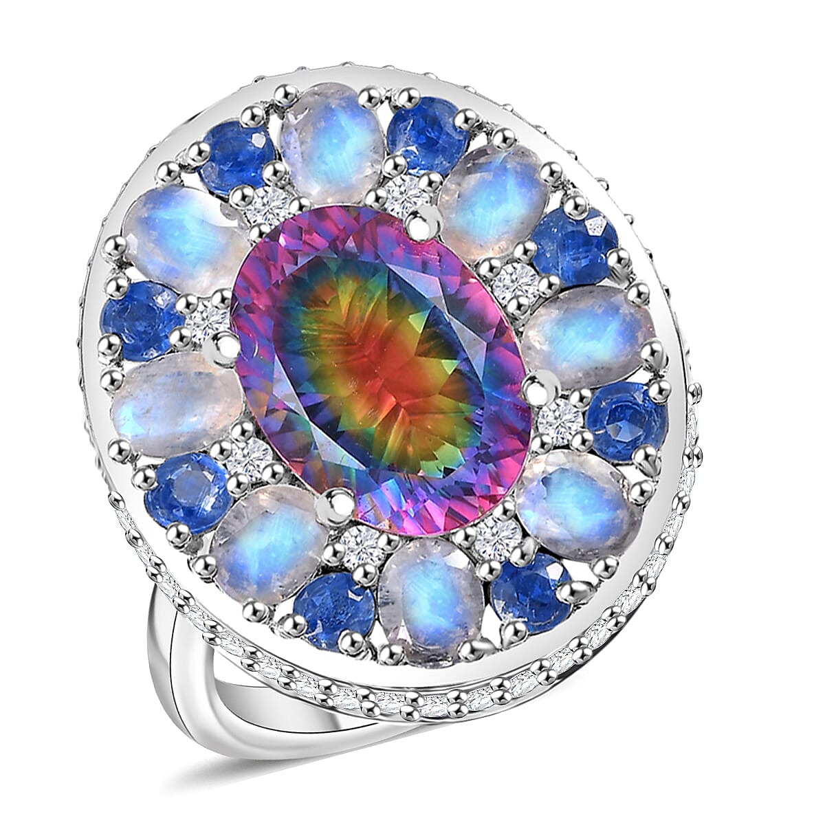 Premium Nebula Quartz Doublet, Multi Gemstone Ring in Rhodium Over Sterling Silver (Size 10.0) 11.75 ctw