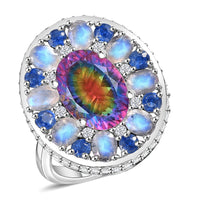 Premium Nebula Quartz Doublet, Multi Gemstone Ring in Rhodium Over Sterling Silver (Size 10.0) 11.75 ctw