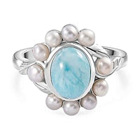 Natural Green Larimar and Fresh Water Pearl 4.16 ctw Ring in Rhodium Over Sterling Silver (Size 8.0)