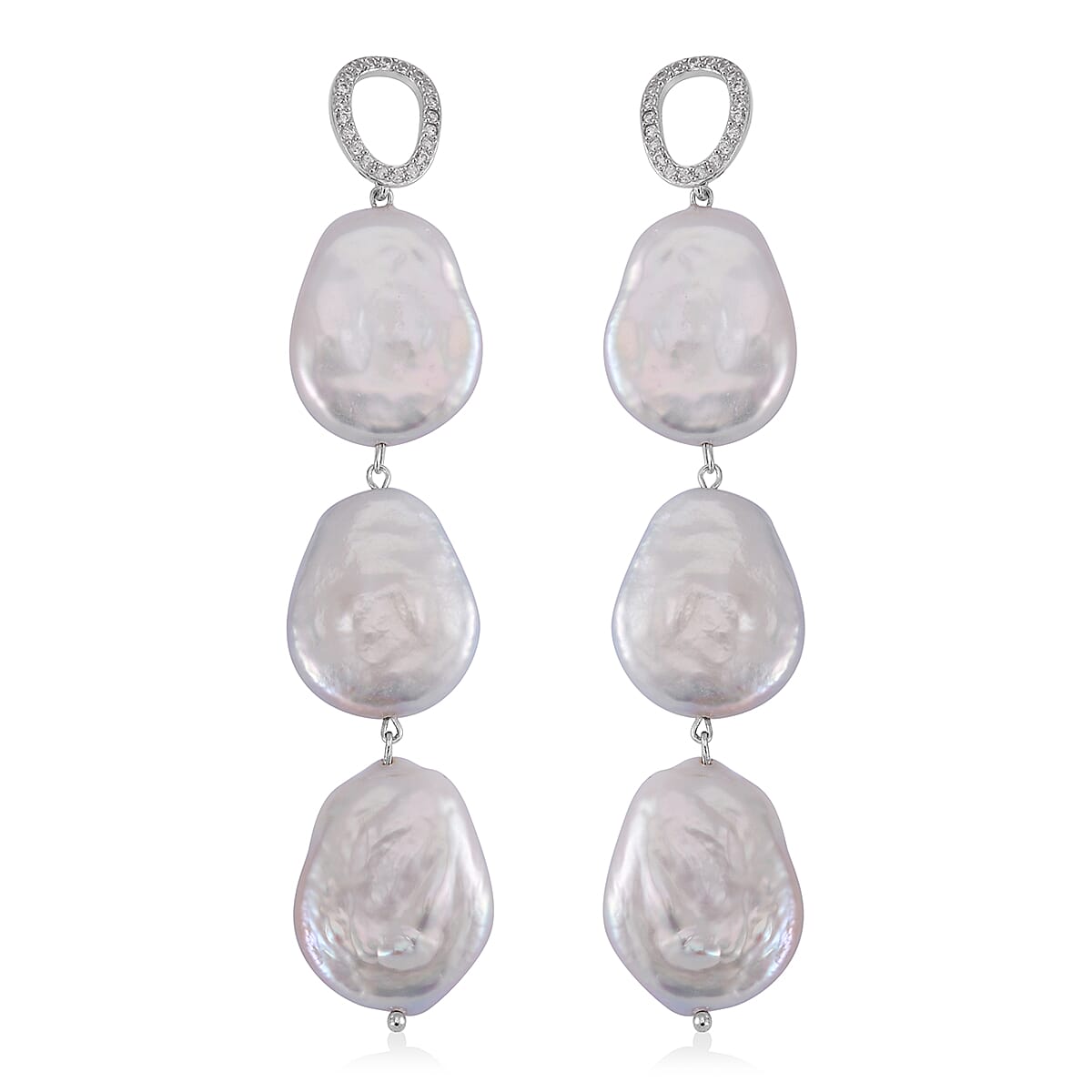 White Keshi Pearl and White Zircon 1.00 ctw Earrings in Rhodium Over Sterling Silver
