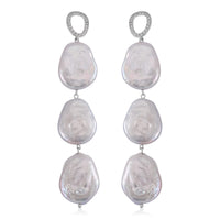 White Keshi Pearl and White Zircon 1.00 ctw Earrings in Rhodium Over Sterling Silver
