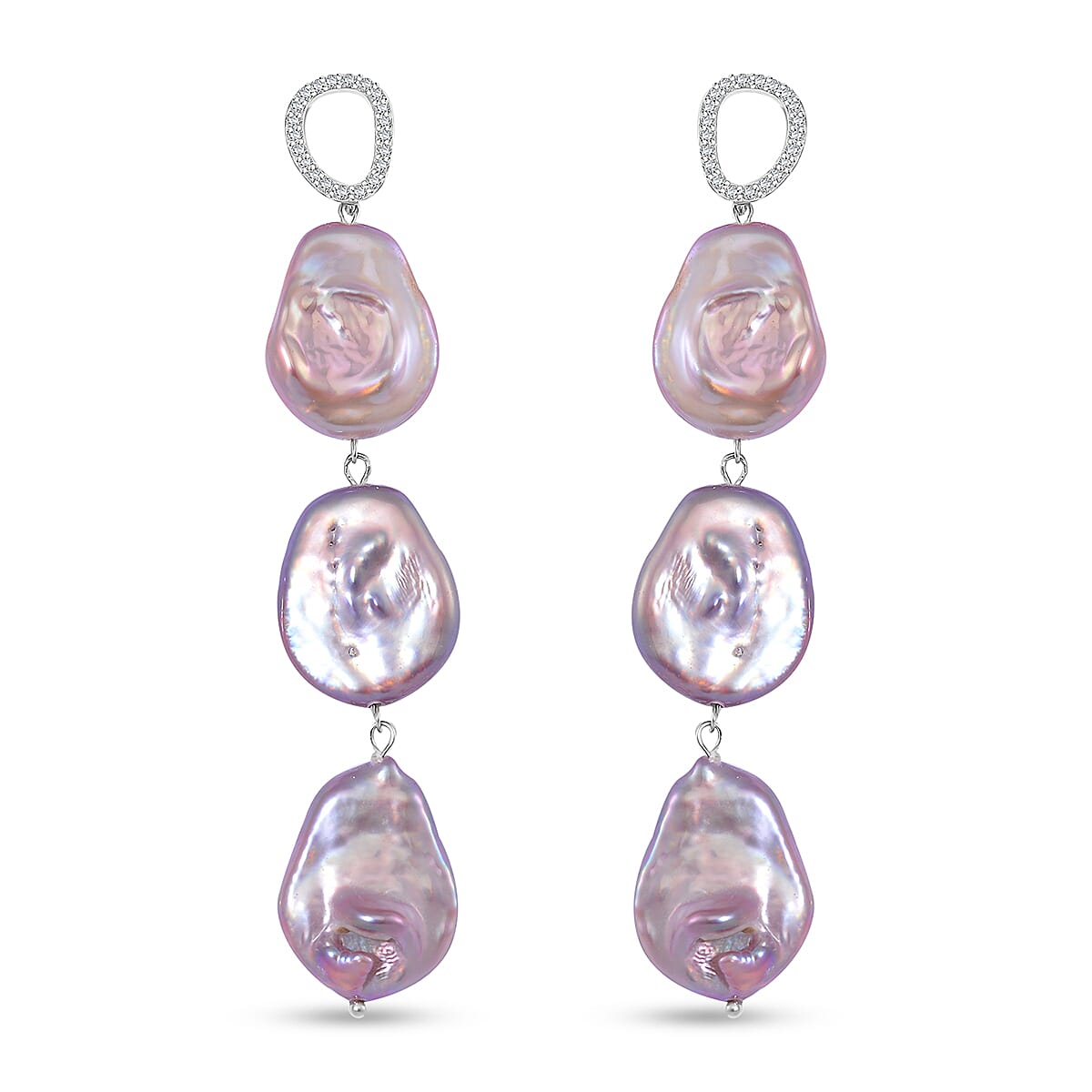 Multi Keshi Pearl and White Zircon 1.00 ctw Earrings in Rhodium Over Sterling Silver