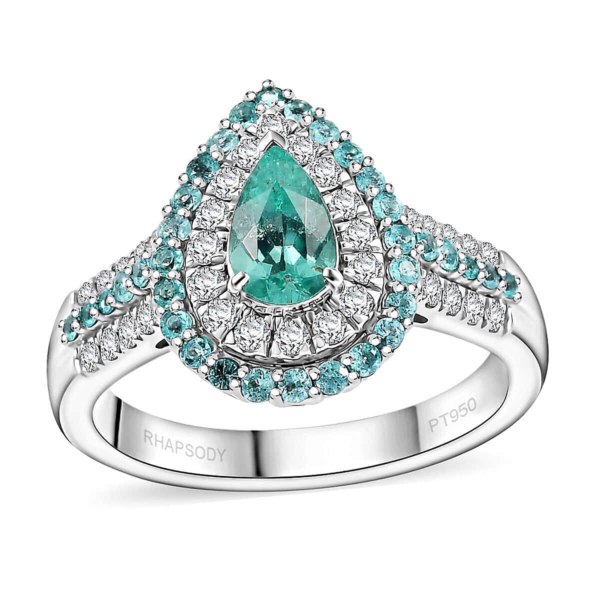 Rhapsody 950 Platinum AAAA Paraiba Tourmaline, Diamond (E-F, VS) Ring (Size 9.0) (10.30 g) 1.38 ctw