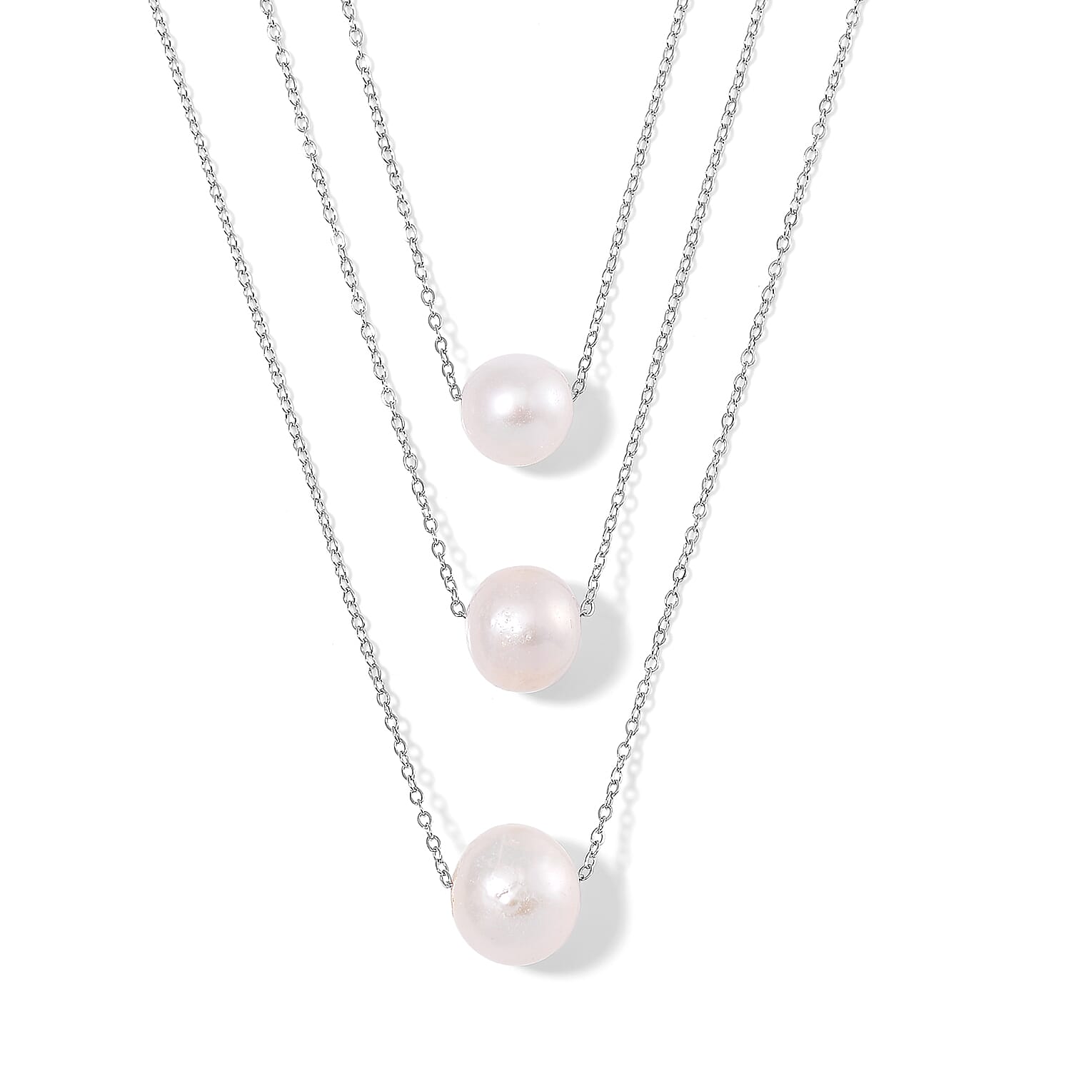 White Edison Pearl 3-Row Layered Necklace (18-20 Inches) in Stainless Steel