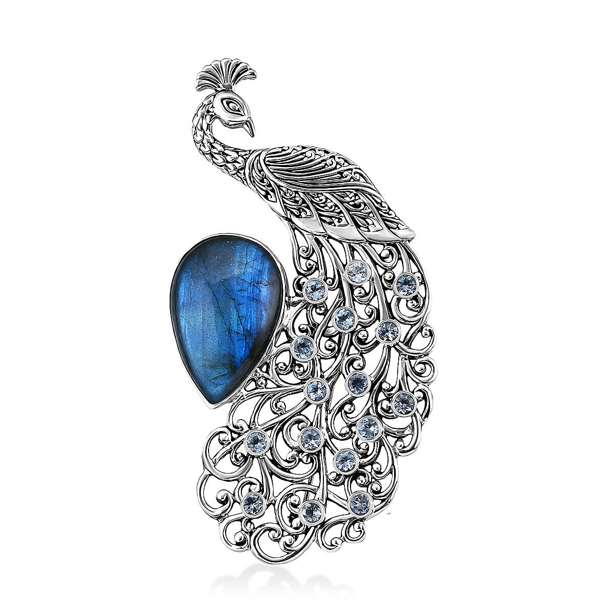 Bali Legacy AAA Malagasy Labradorite and Sky Blue Topaz 46.20 ctw Peacock Brooch in Sterling Silver
