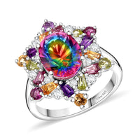 Premium Nebula Quartz Doublet, Multi Gemstone Ring in Rhodium Over Sterling Silver (Size 10.0) 3.85 ctw