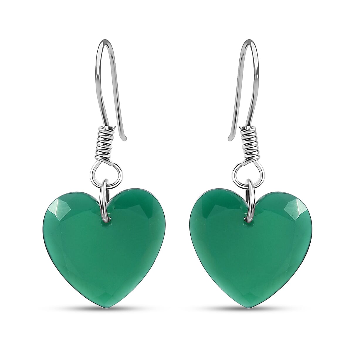 Karis Green Onyx 11.25 ctw Fishhook Heart Earrings in Platinum Bond & Stainless Steel