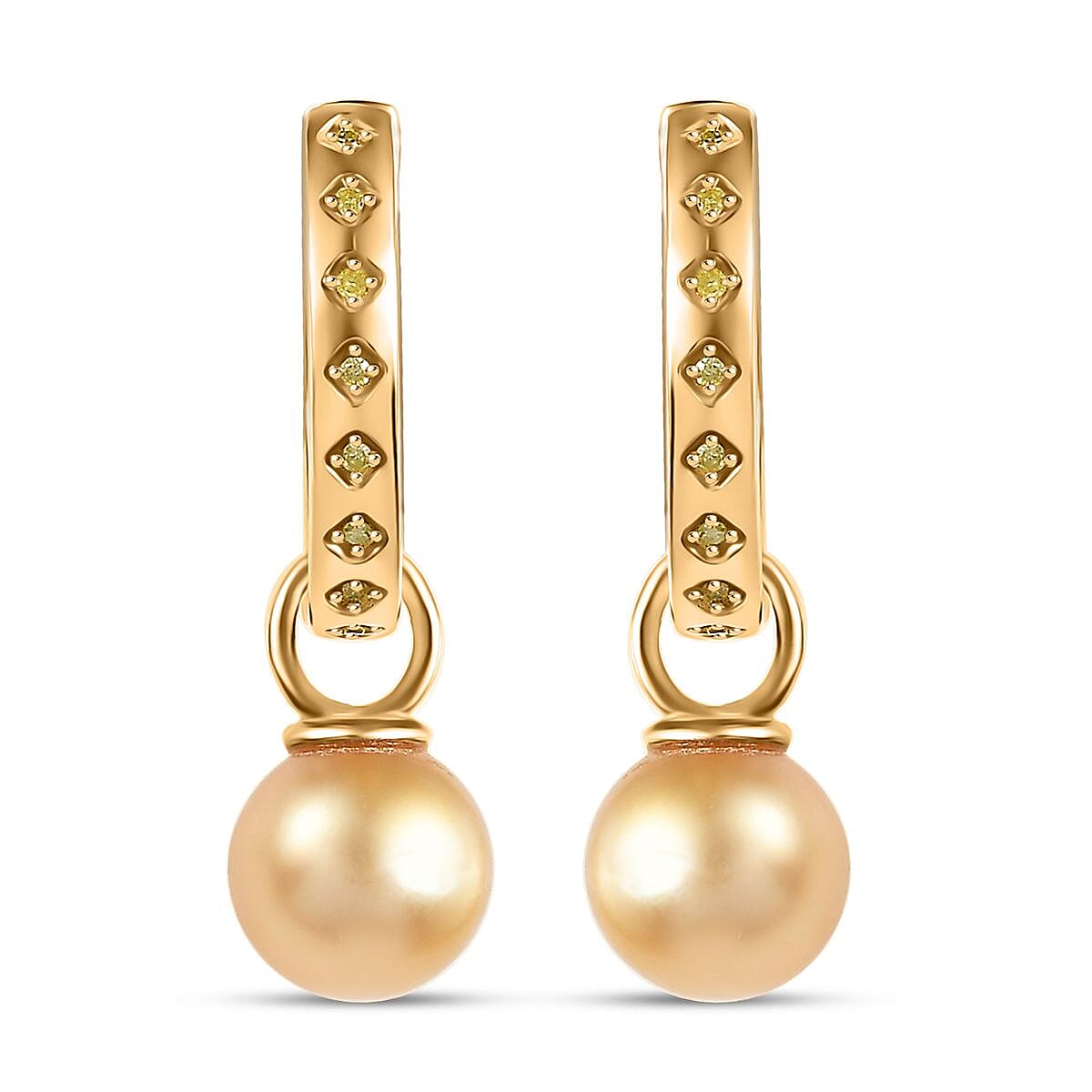 D'Joy South Sea Golden Cultured Pearl and Natural Yellow Diamond 0.10 ctw Hoop Dangle Earrings in 18K Vermeil Yellow Gold Over Sterling Silver