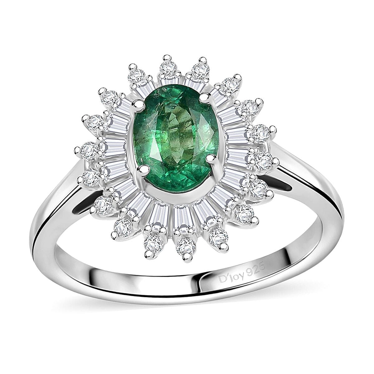 Premium Kagem Zambian Emerald, Moissanite Starburst Halo Ring in Rhodium Over Sterling Silver (Size 10.0) 1.75 ctw