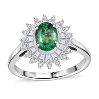 Premium Kagem Zambian Emerald, Moissanite Starburst Halo Ring in Rhodium Over Sterling Silver (Size 10.0) 1.75 ctw