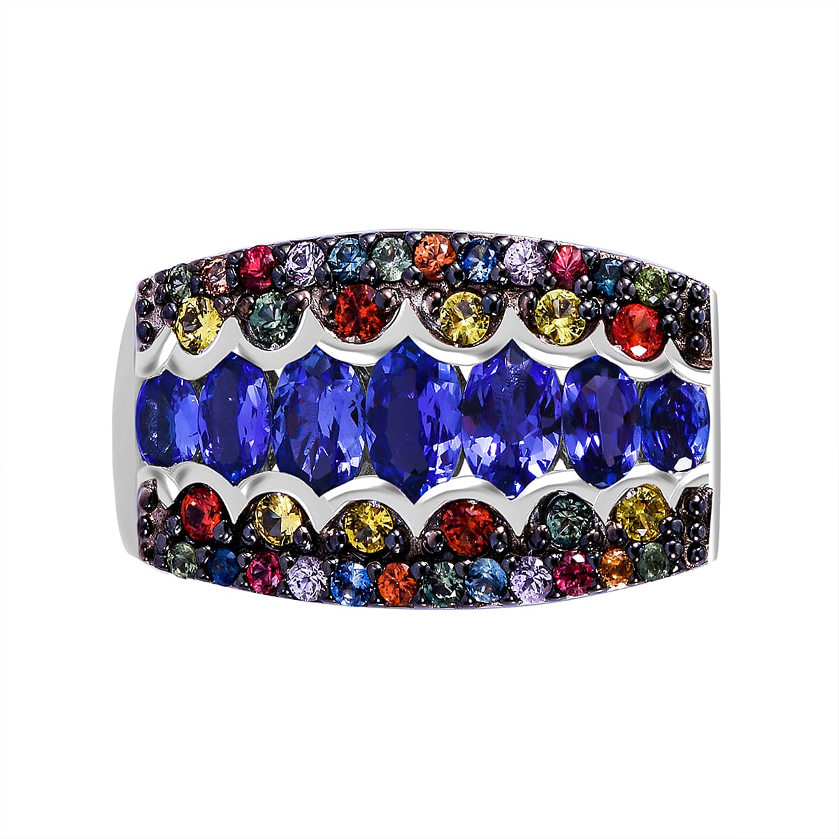 Tanzanite, Multi Sapphire Prismatic Glory Ring in Rhodium Over Sterling Silver (Size 10.0) 3.60 ctw