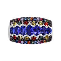 Tanzanite, Multi Sapphire Prismatic Glory Ring in Rhodium Over Sterling Silver (Size 10.0) 3.60 ctw