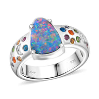 AAA Boulder Opal Doublet and Multi Gemstone 2.85 ctw Celestial Ring in Rhodium Over Sterling Silver