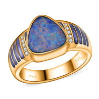 AAA Boulder Opal Doublet, Moissanite Men's Ring in 18K Vermeil YG Over Sterling Silver (Size 10.0) 2.65 ctw