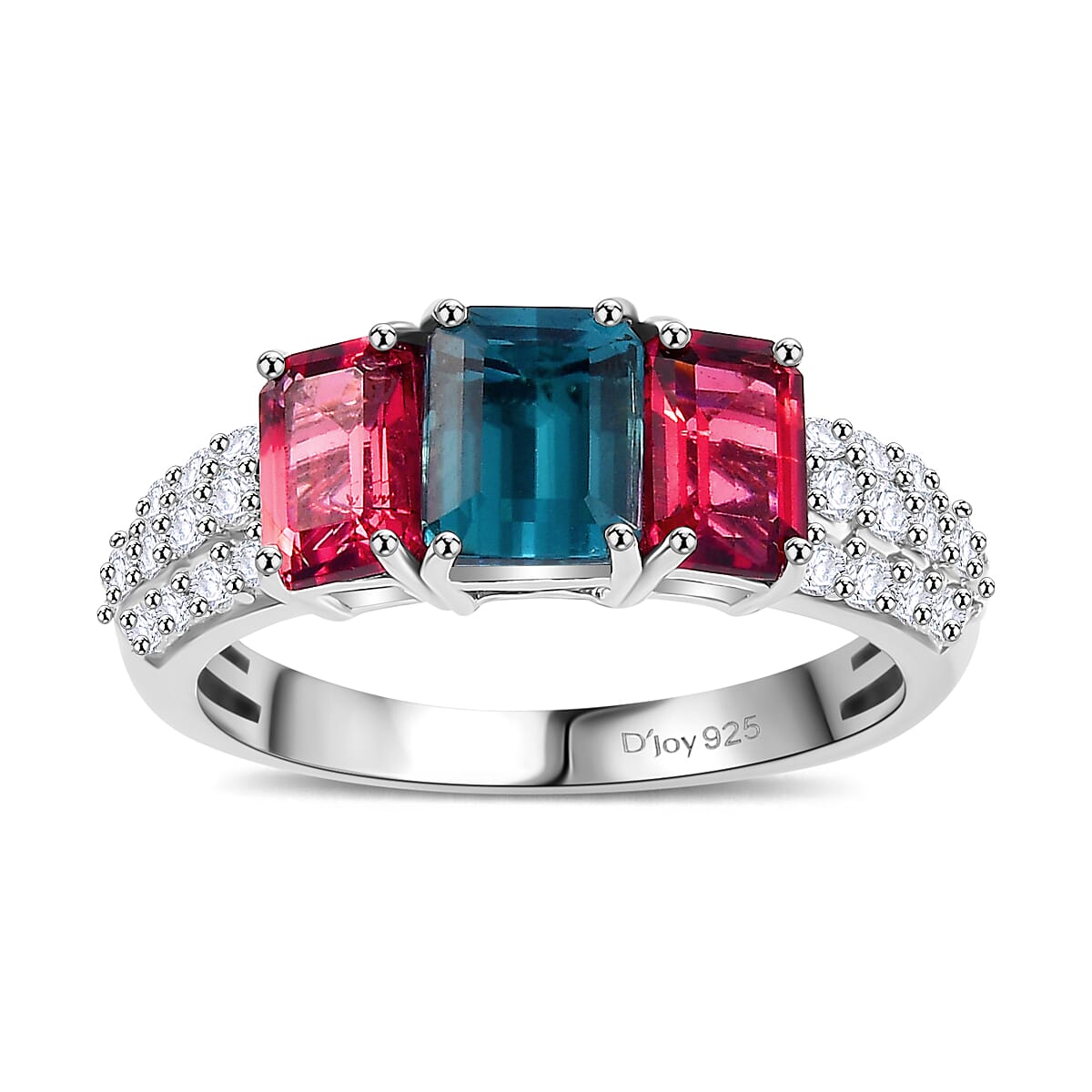 AAA Monte Belo Indicolite and Multi Gemstone 2.80 ctw Trilogy Ring in Rhodium Over Sterling Silver (Size 6.0)