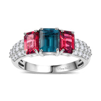 AAA Monte Belo Indicolite and Multi Gemstone 2.80 ctw Trilogy Ring in Rhodium Over Sterling Silver (Size 6.0)