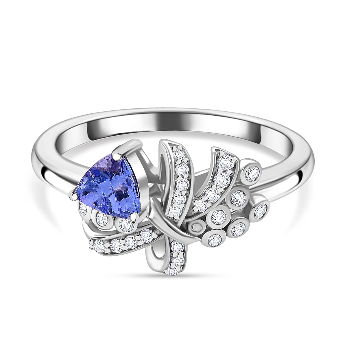 Tanzanite, White Zircon Love Knot Ring in Rhodium Over Sterling Silver (Size 10.0) 1.10 ctw