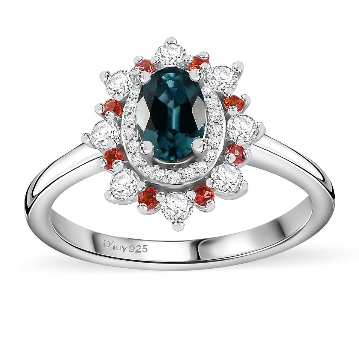 AAA Monte Belo Indicolite, Multi Gemstone Sunburst Ring in Rhodium Over Sterling Silver (Size 5.0) 1.10 ctw