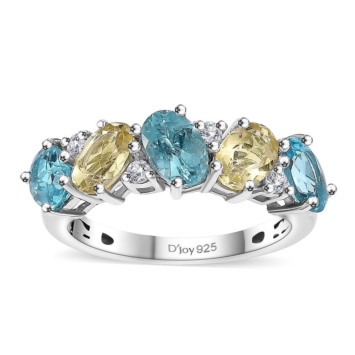 Premium Madagascar Lagoon Apatite, White Zircon Ring in Rhodium Over Sterling Silver (Size 10.0) 2.65 ctw