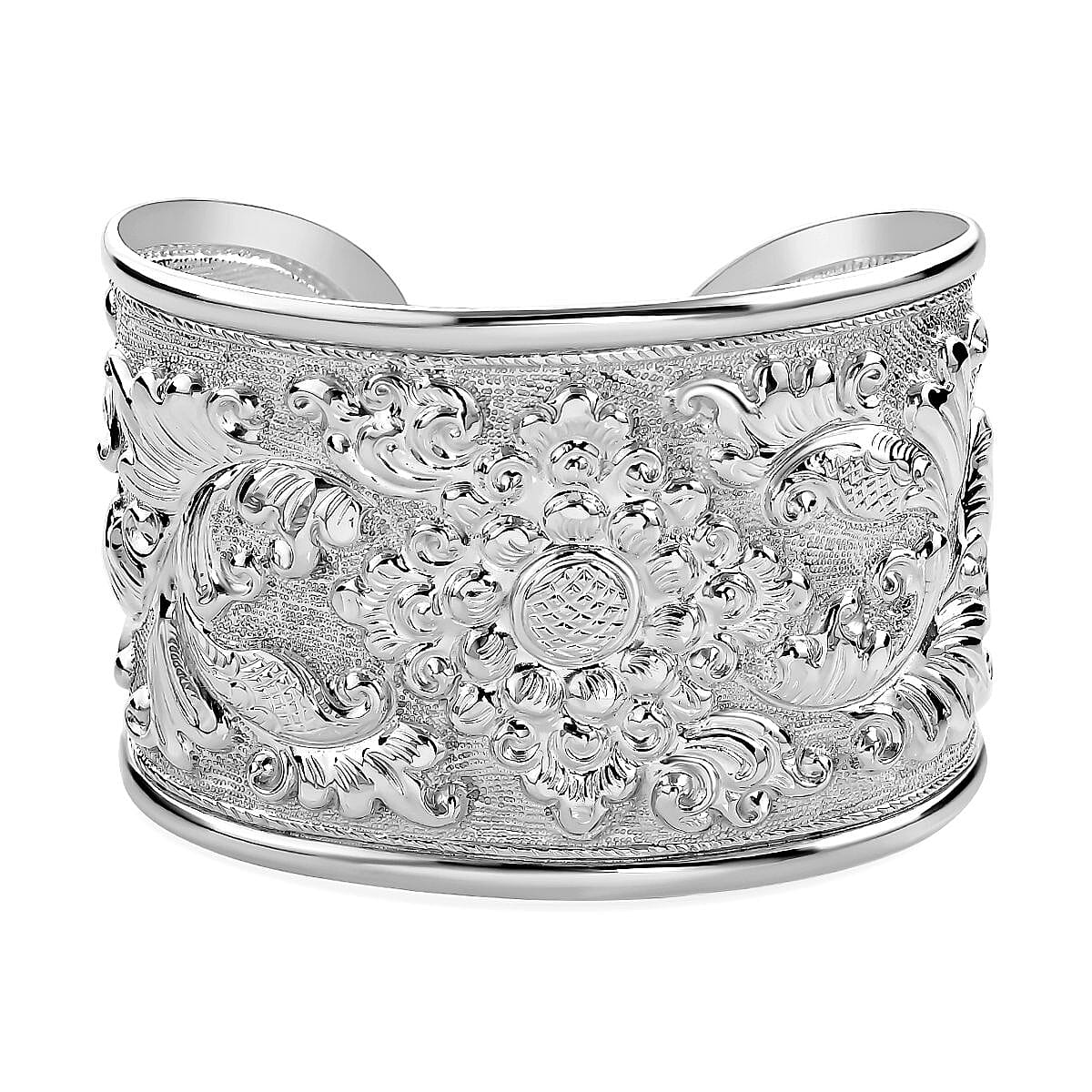Bali Legacy Floral Carving Cuff Bracelet in Sterling Silver (7.25 In) 26.30 Grams