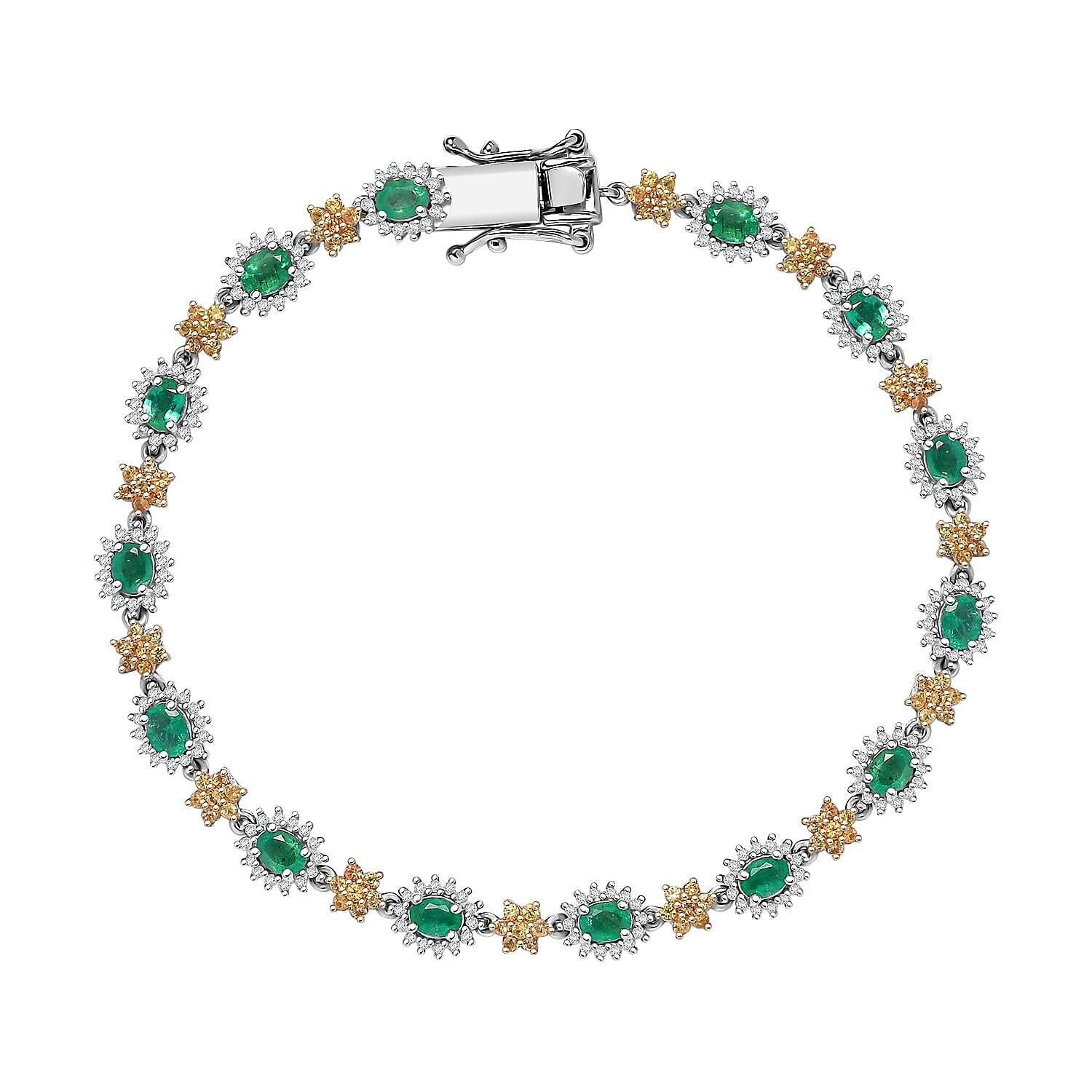 Epic Deal Kagem Zambian Emerald, Multi Gemstone Blooming Sunflower Bracelet in 18K Vermeil YG and Rhodium Over Sterling Silver (7.25 In) 4.80 ctw